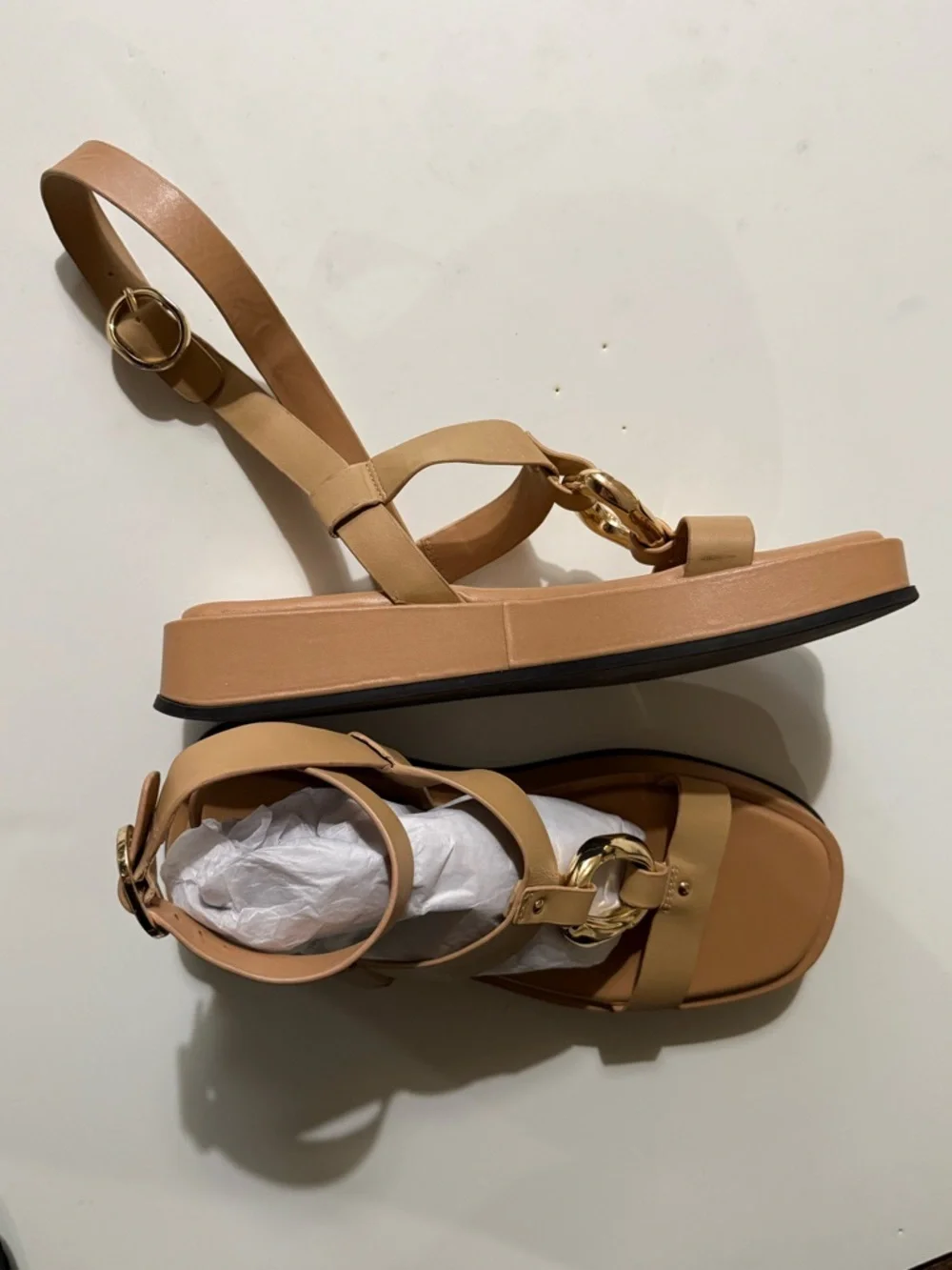 Zara Women's Tan Leather Strap Sandals with Gold Accent - Picture 5 of 6